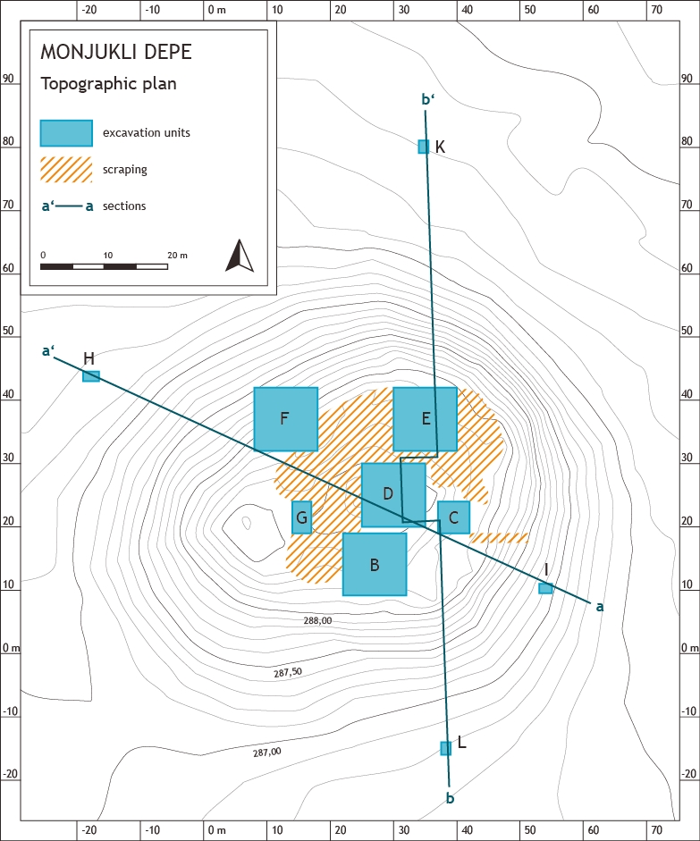 A topographic plan of Monjukli Depe showing the location of the excavation units as well as the scraping conducted in 2014.