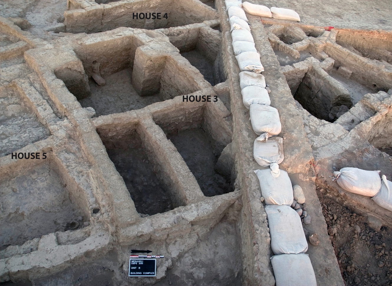 Overview of adjacent houses in Units B and D. Note that in the later phase of House 3, visible here, the original single room was divided into seven small cubicles by means of partition walls.