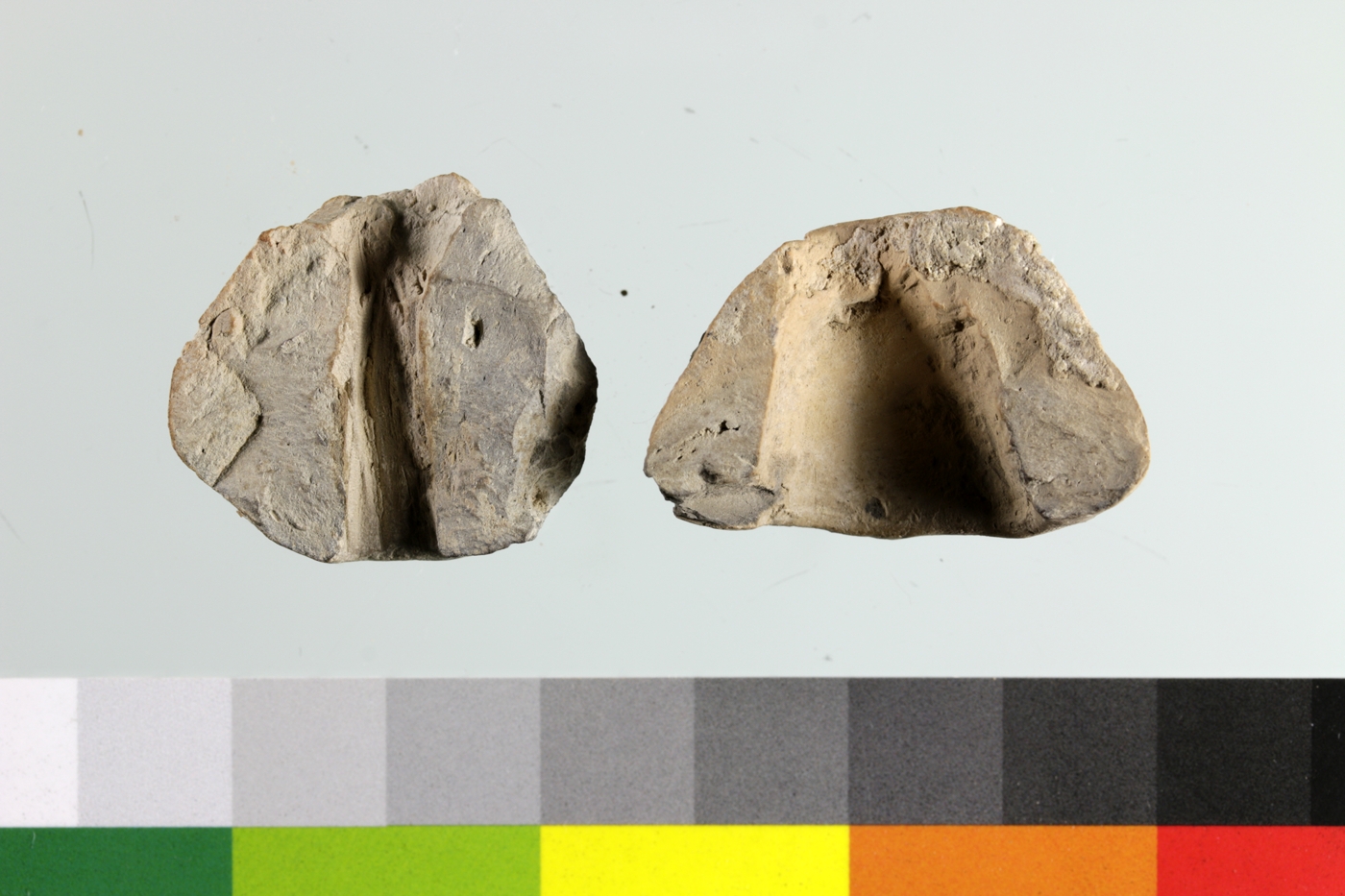 Cross-sections of two spindle whorls, one biconical (left) and one funnel-shaped (right)